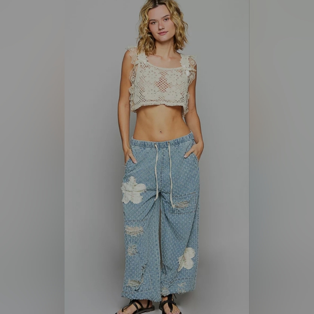POL Floral Patch Washed Trxture Twull Pants With Crochet